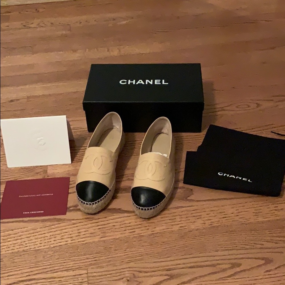 Authentic Chanel lambskin tan & black espadrilles